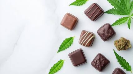 Wall Mural - Assorted cannabis-infused chocolates displayed on a rustic wooden table, showcasing a variety of flavors and colors.