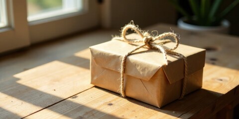 Poster - A rustic brown gift box tied with twine sits in sunlight on a wooden surface near a window