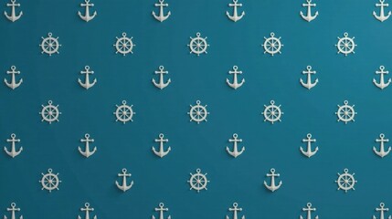 Poster - Nautical Pattern Anchors and Ship Wheels on Teal Background