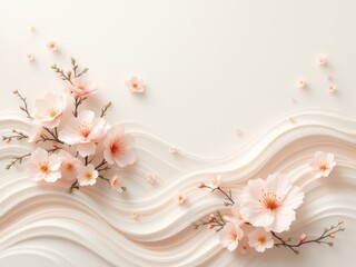 Poster - Elegant cherry blossoms with abstract flowing lines on light background