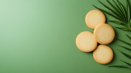 Wall Mural - Delicious round cookies on a vibrant green surface infused with cannabis for a unique treat.