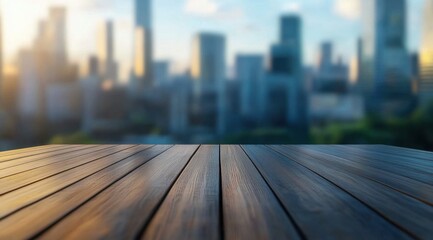 Wooden tabletop with blurred city skyline in the background for product display, mockup template for design project
