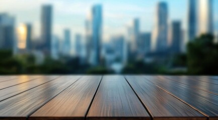 Wooden tabletop with blurred city skyline in the background for product display, mockup template for design project