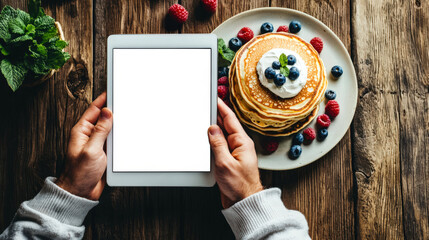 Wall Mural - Carnival week in Russia. A delicious and healthy breakfast. A mockup of the tablet on the background of a wooden table on which there is a plate with pancakes. A man holding a tablet