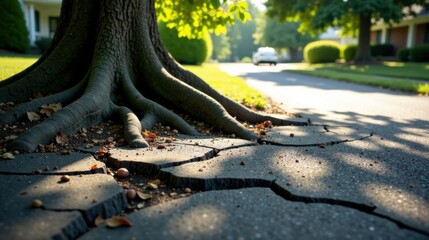 Aufkleber - Mature tree roots lifting cracked pavement on a sunny residential street