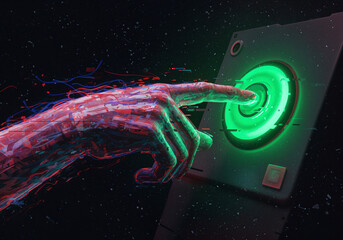 Poster - hand presses button with glitch effects . Generative AI