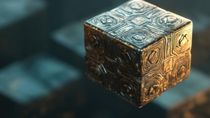 Poster - A 3D render of a Crossmatic puzzle cube with metallic textures and engraved patterns, hovering mid-air.