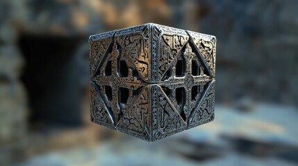 Poster - A 3D render of a Crossmatic puzzle cube with metallic textures and engraved patterns, hovering mid-air.