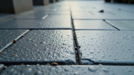 Poster - Close-up View of Wet Pavement Tiles with Small Debris