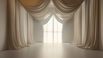 Poster - A 3D-rendered empty room featuring flowing satin drapery and ambient lighting, ideal for showcasing fashion elegance.