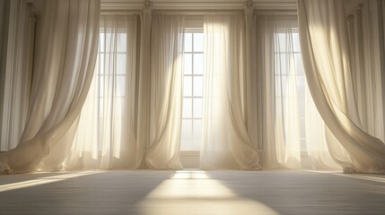 Poster - 3D-rendered empty room with soft satin drapery and refined textures, designed for beauty and fashion product showcases.