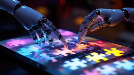 Poster - A dynamic scene of two robotic hands solving a Crossmatic puzzle on a glowing touch table.