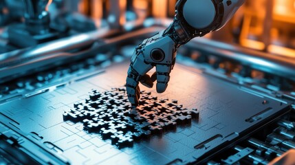 Poster - A futuristic robotic arm assembling a complex Crossmatic puzzle under soft lighting, placed on a metallic surface.