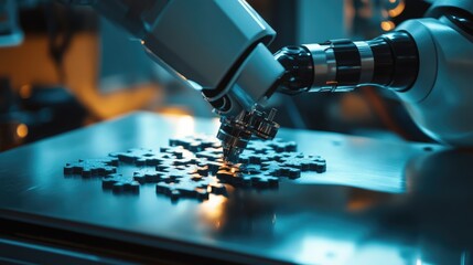 Poster - A futuristic robotic arm assembling a complex Crossmatic puzzle under soft lighting, placed on a metallic surface.