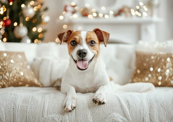 Poster - Happy dog relaxing on a cozy couch. AI.