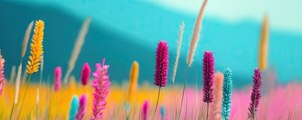 Canvas Print - Scenery abstract background idea. Vibrant field of colorful flowers under a bright blue sky, showcasing nature's beauty.