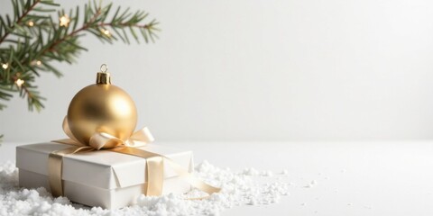 Aufkleber - A Gold Ornament and White Gift Box Resting on Faux Snow Beside a Decorated Evergreen Branch