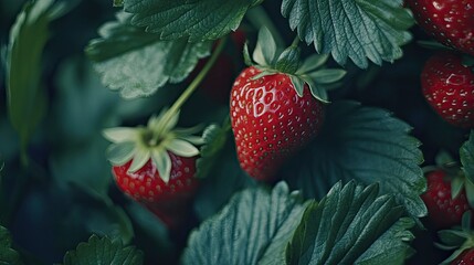 Wall Mural - Close-up of juicy strawberries growing on plants, with delicate green leaves, and room for copy text.