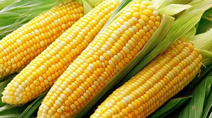 Wall Mural - Close-up of ripe corn cobs still on the stalks, bright green leaves framing the scene, with ample space for text.