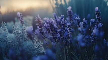 Wall Mural - Detailed shot of vibrant purple lavender blooms in a field, creating a serene agricultural scene with copy space.