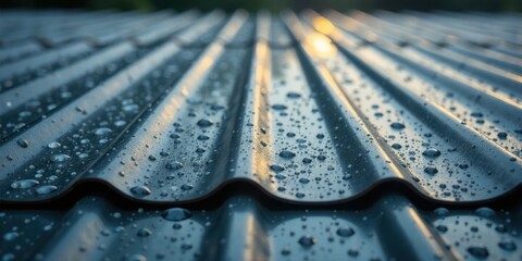 Aufkleber - Close-up view of raindrops on a corrugated metal roof surface at sunset