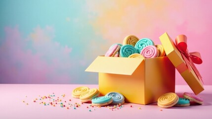 Poster - Pastel Swirl Cookies in a Yellow Gift Box with Sprinkles on a Pink Surface
