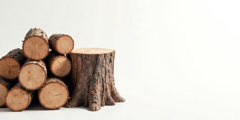 Poster - Rustic tree stump display with a stack of logs, ideal for product presentation or rustic design projects