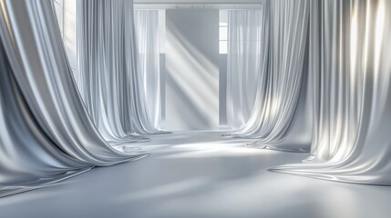 Fototapete - Flowing satin drapery adorns a 3D-rendered room with minimalist elegance, setting the stage for premium product presentations.