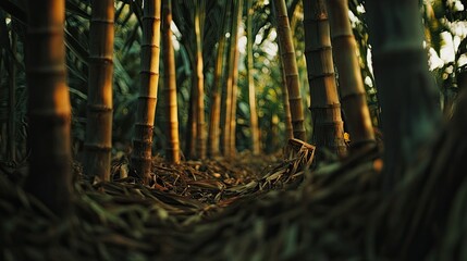 Wall Mural - Focused view of sugarcane stalks in a plantation, their vibrant green and brown tones, leaving room for copy.