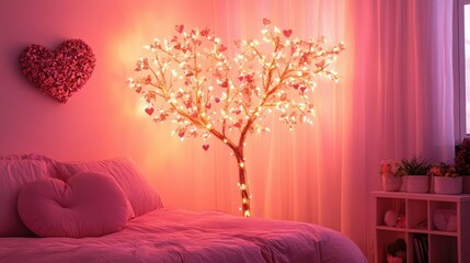 Poster - Room with soft pink walls and a beautifully illuminated love tree, perfect for celebrating love and romance.