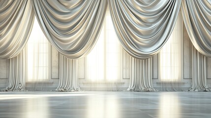 Fototapete - Satin drapery cascades elegantly in a 3D-rendered empty room, forming a perfect backdrop for premium product displays.