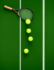 Wall Mural - space green racket court copy top synthetic background tennis balls grass ball equipment banner turf artificial line training poster play sport