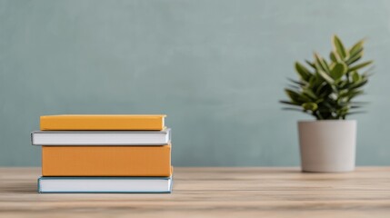Poster - Stack of colorful books and plant decorating a modern office desk