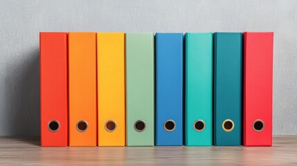 Poster - Colorful office ring binders standing on a wooden shelf