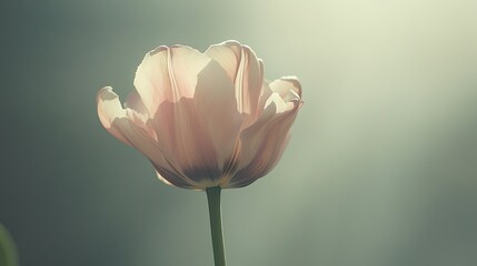 Wall Mural - A close-up of a single pink tulip with soft sunlight highlighting its petals, no people, with clear copy space