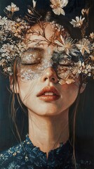 Wall Mural - Serene Woman Portrait with Floral Mask