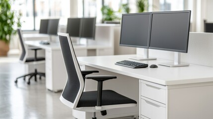 Poster - Modern office desk featuring dual monitors and ergonomic chair
