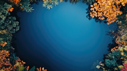 Wall Mural - A serene, bright blue lake nestled among colorful foliage, no people, ample copy space for text