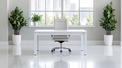Poster - Modern minimalist office with white desk and chair