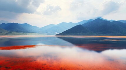 Poster - Beautiful red and orange hues of a colorful lake in China, with mountains in the background, no people, clear copy space