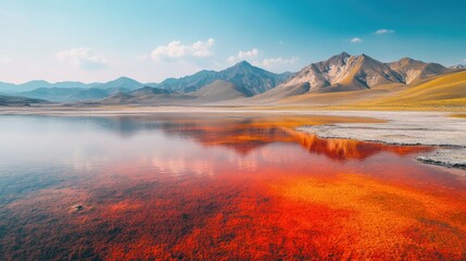 Poster - Beautiful red and orange hues of a colorful lake in China, with mountains in the background, no people, clear copy space