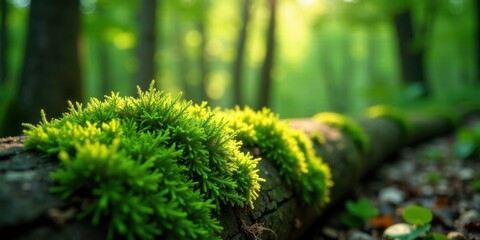 Aufkleber - Lush Green Moss Thriving on a Sunlit Forest Log in a Tranquil Woodland Setting