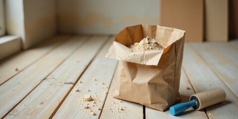 Aufkleber - A paper bag of fine beige powder sits on a light wood surface, with a small roller nearby.