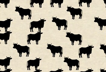 Poster - Seamless Pattern of Black Cow Silhouettes on Beige Background. This image features a repeating pattern of black cow silhouettes against a light beige textured background