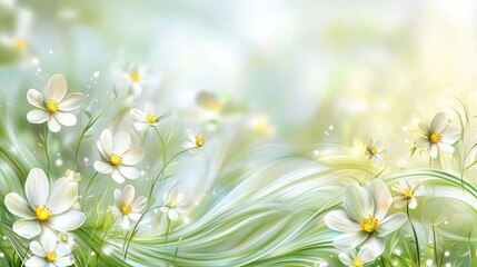 Canvas Print - Scenery abstract background idea. A serene field of delicate white flowers swaying gently in a soft, dreamy atmosphere.