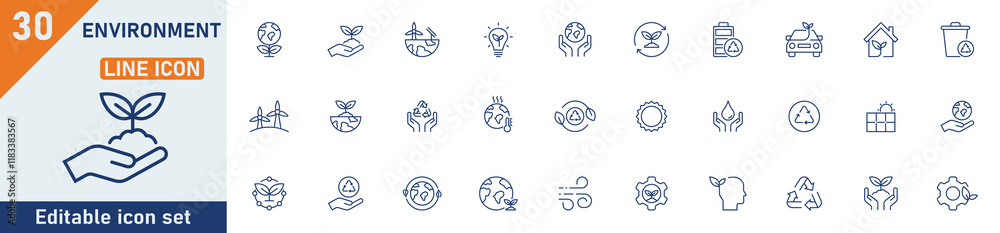 Environment line icon set. Set of 30 outline icons related to nature ...