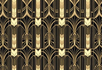 Poster - Elegant Art Deco Pattern in Black and Gold. This image showcases a captivating Art Deco pattern in black and gold