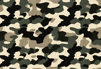 Poster - Seamless camouflage pattern on textured fabric. This image showcases a seamless repeating camouflage pattern in muted shades of beige/ green and black
