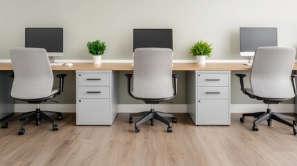 Poster - Modern office space with row of desks, computers and potted plants