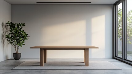 Poster - Modern boardroom with wooden table, plant and soft lighting creating warm executive environment